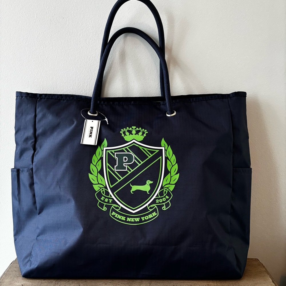 Victoria’s Secret Pink Navy Blue Tote Bag with Green Logo